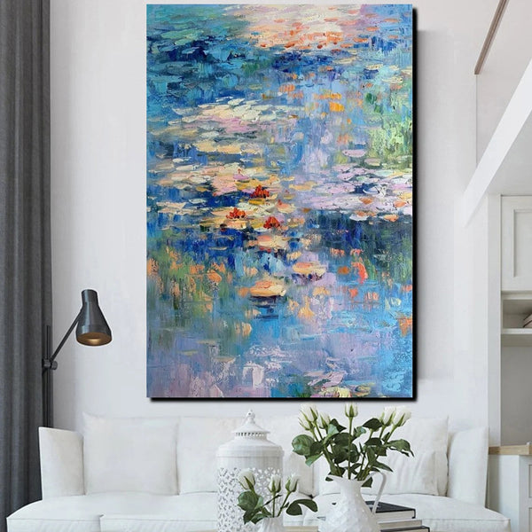 Acrylic Paintings on Canvas, Large Paintings for Bedroom, Landscape Painting for Living Room, Water Lily Paintings, Palette Knife Paintings-Silvia Home Craft