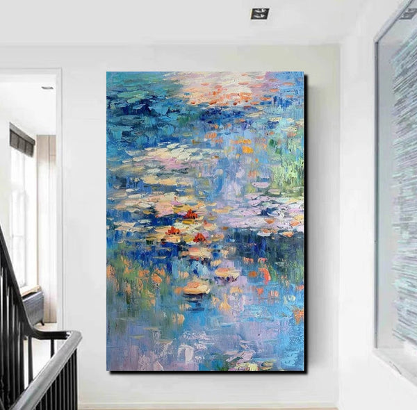 Acrylic Paintings on Canvas, Large Paintings for Bedroom, Landscape Painting for Living Room, Water Lily Paintings, Palette Knife Paintings-Silvia Home Craft