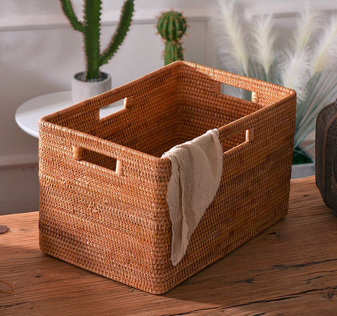 Large Laundry Storage Basket for Clothes, Rectangular Storage Basket, Rattan Baskets, Storage Baskets for Bedroom, Storage Baskets for Shelves-Silvia Home Craft