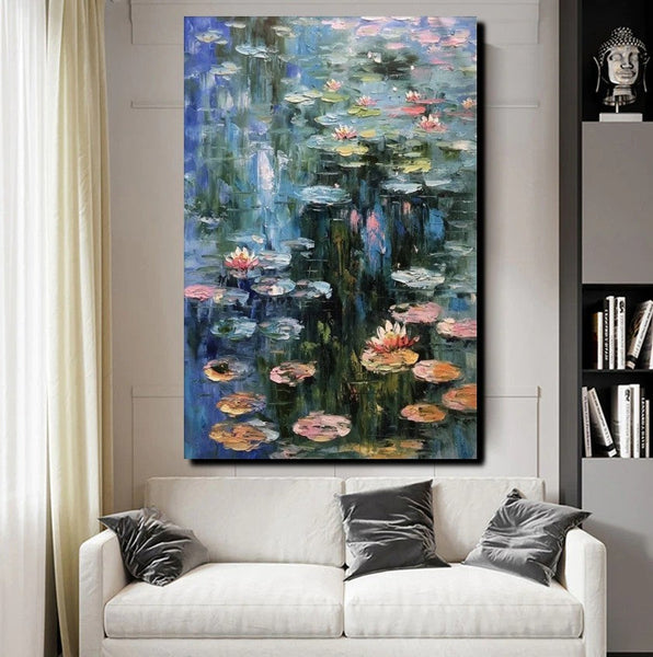 Large Paintings on Canvas, Canvas Paintings for Bedroom, Landscape Painting for Living Room, Water Lily Paintings, Heavy Texture Paintings-Silvia Home Craft