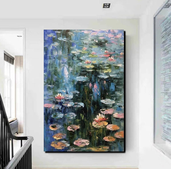 Large Paintings on Canvas, Canvas Paintings for Bedroom, Landscape Painting for Living Room, Water Lily Paintings, Heavy Texture Paintings-Silvia Home Craft