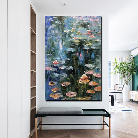 Large Paintings on Canvas, Canvas Paintings for Bedroom, Landscape Painting for Living Room, Water Lily Paintings, Heavy Texture Paintings-Silvia Home Craft