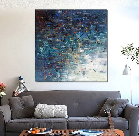 Modern Abstract Wall Art, Large Painting for Sale, Easy Painting Ideas for Living Room, Blue Acrylic Painting on Canvas, Huge Canvas Paintings-Silvia Home Craft