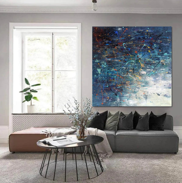 Modern Abstract Wall Art, Large Painting for Sale, Easy Painting Ideas for Living Room, Blue Acrylic Painting on Canvas, Huge Canvas Paintings-Silvia Home Craft