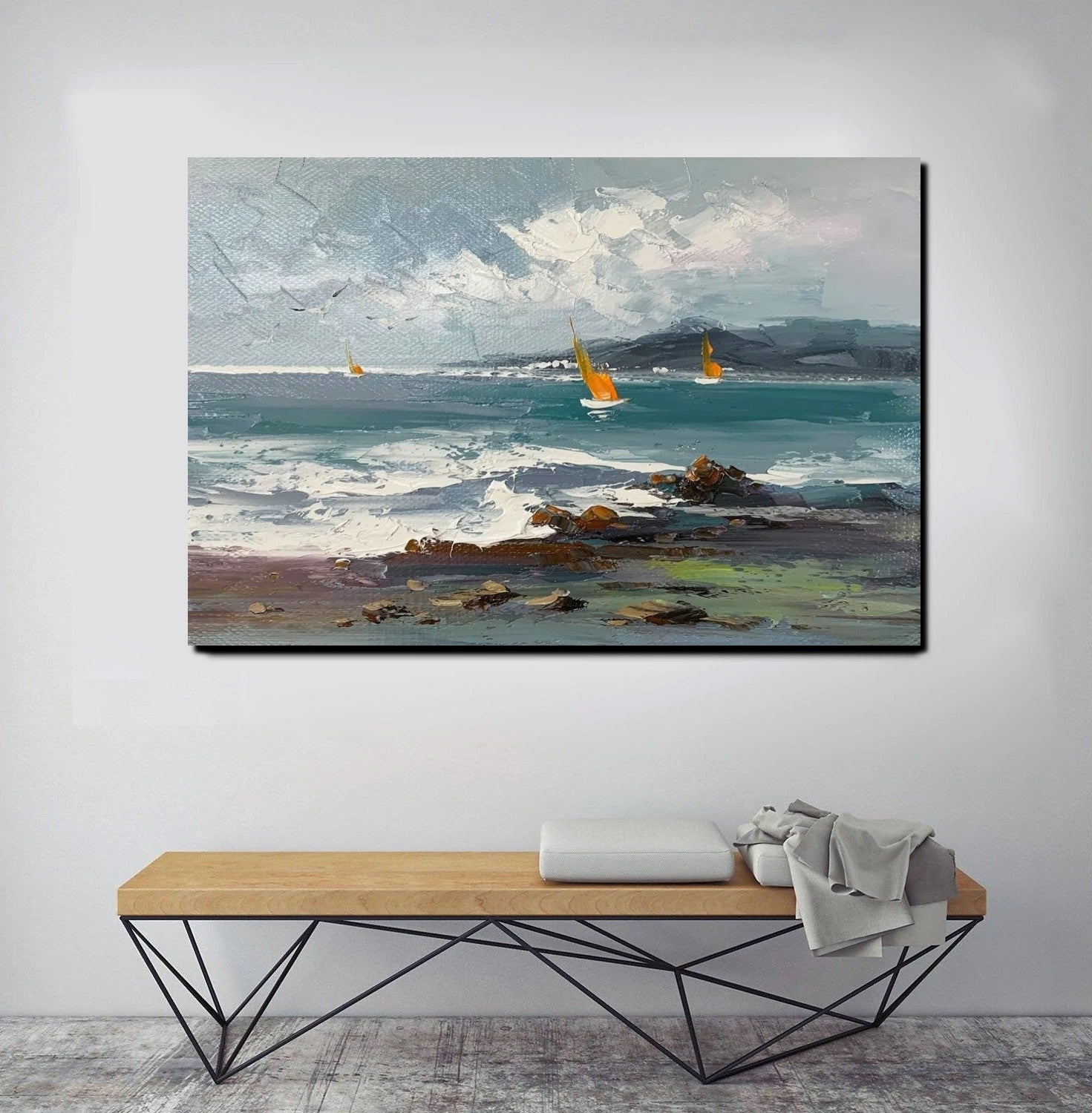 Large Paintings on Canvas, Canvas Paintings Behind Sofa, Landscape Painting for Living Room, Sail Boat at Sea Paintings, Heavy Texture Paintings-Silvia Home Craft