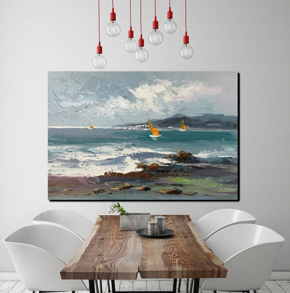 Large Paintings on Canvas, Canvas Paintings Behind Sofa, Landscape Painting for Living Room, Sail Boat at Sea Paintings, Heavy Texture Paintings-Silvia Home Craft