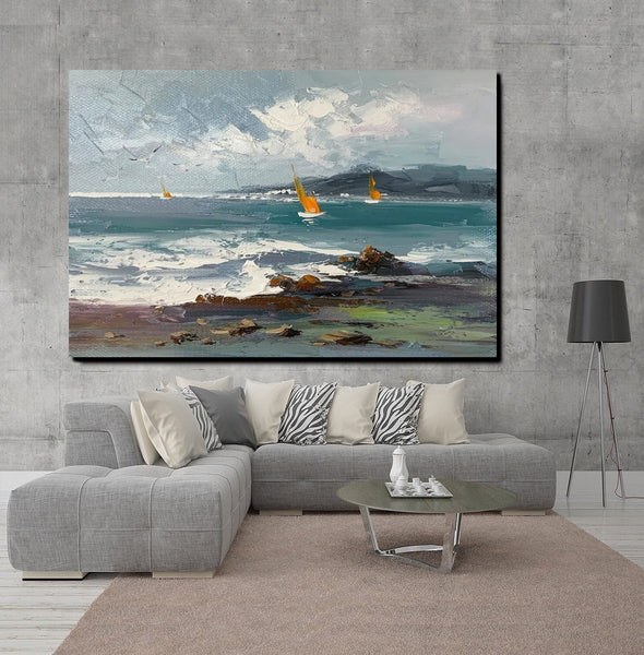 Large Paintings on Canvas, Canvas Paintings Behind Sofa, Landscape Painting for Living Room, Sail Boat at Sea Paintings, Heavy Texture Paintings-Silvia Home Craft