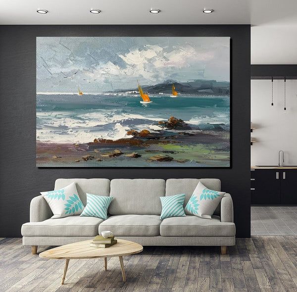 Large Paintings on Canvas, Canvas Paintings Behind Sofa, Landscape Painting for Living Room, Sail Boat at Sea Paintings, Heavy Texture Paintings-Silvia Home Craft